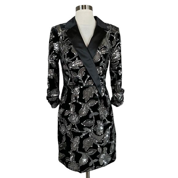 Adrianna Papell Women's Cocktail Dress Size 10 Black Sequin Velvet Tuxedo Sheath - Picture 1 of 14